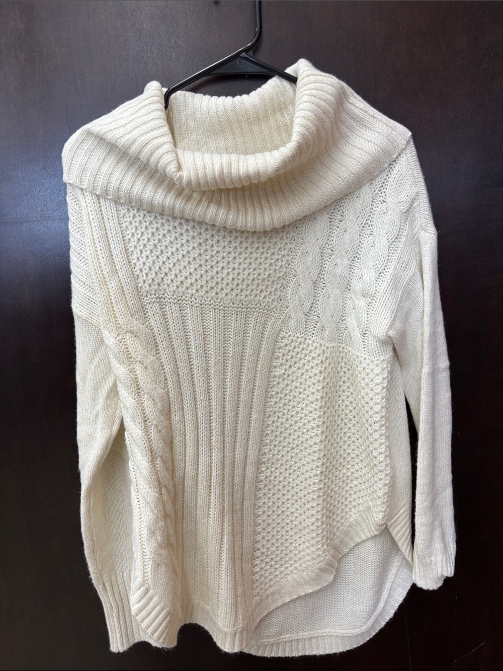 Cream Cable-Textured Cowl Neck Sweater